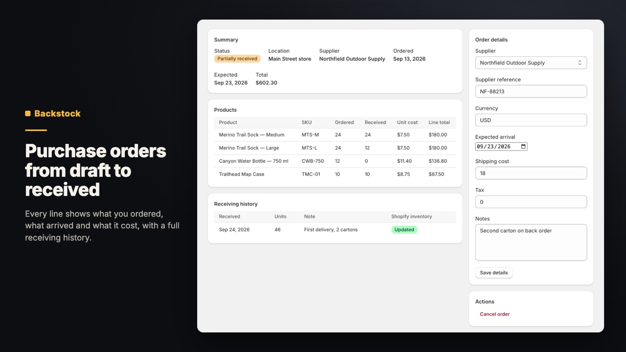 Backstock: Purchase Orders screen in the Shopify admin