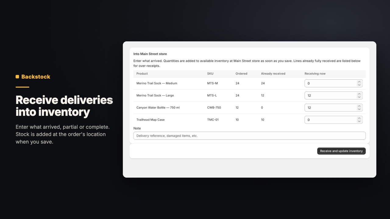 Backstock: Purchase Orders: Receive deliveries into inventory