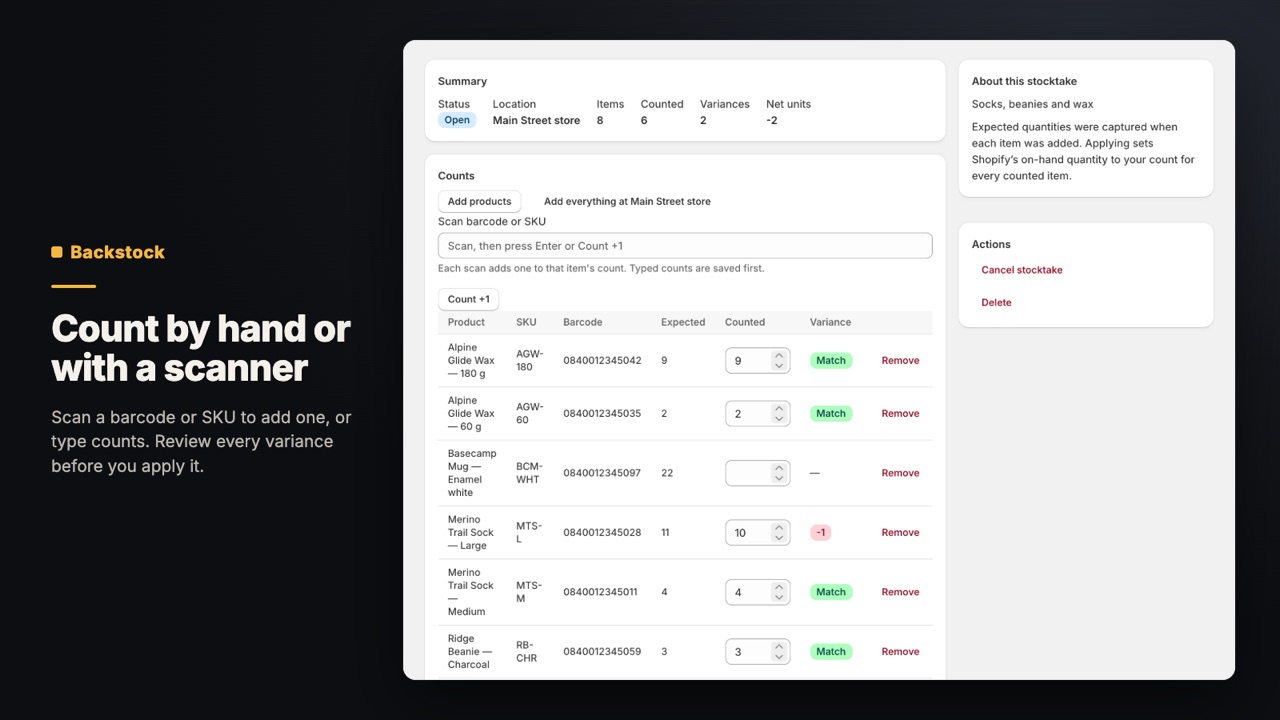 Backstock: Purchase Orders: Count by hand or with a scanner