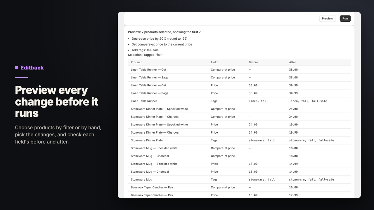 Editback screen in the Shopify admin
