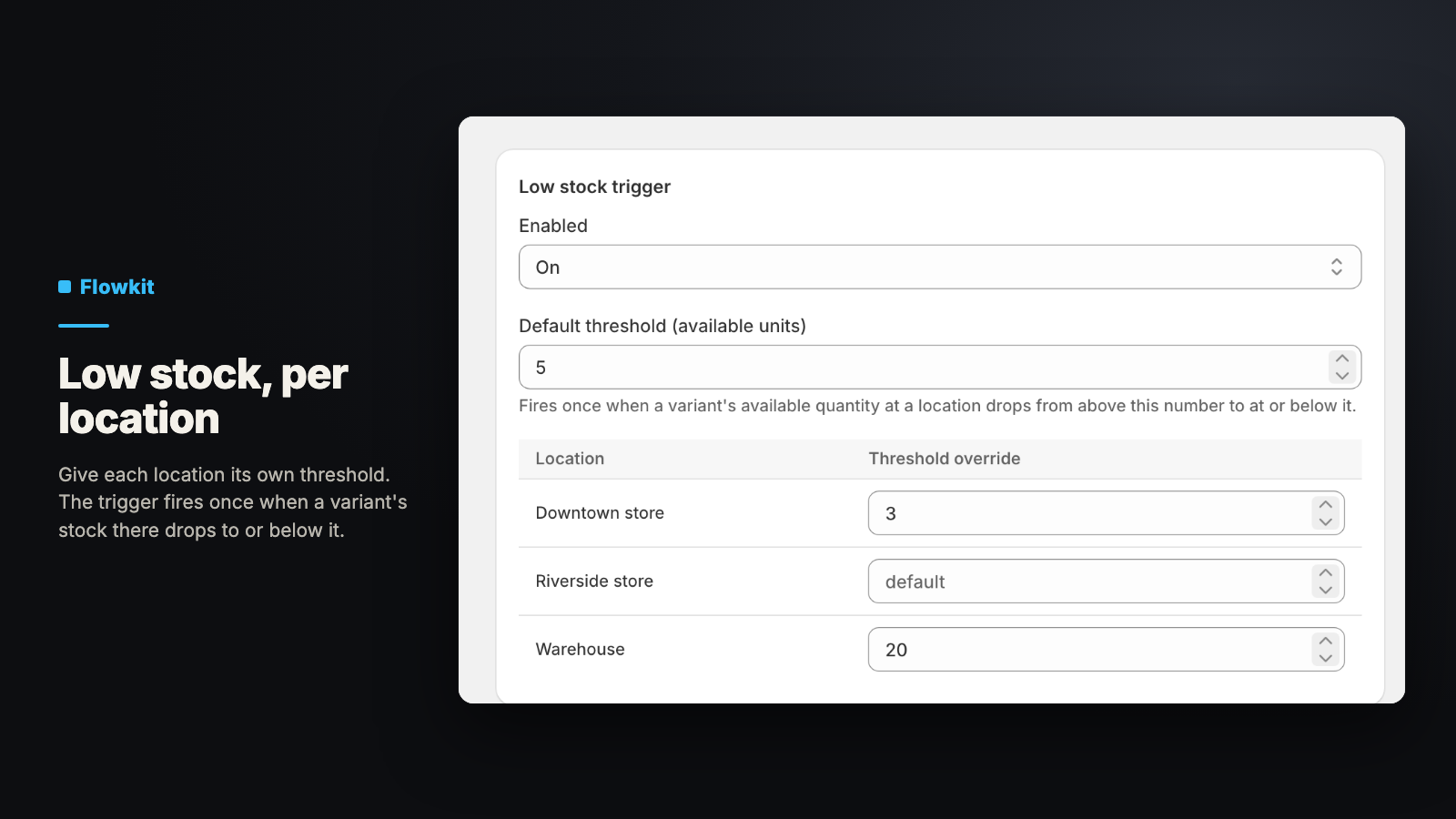 Flowkit settings: low-stock trigger with a threshold for each location