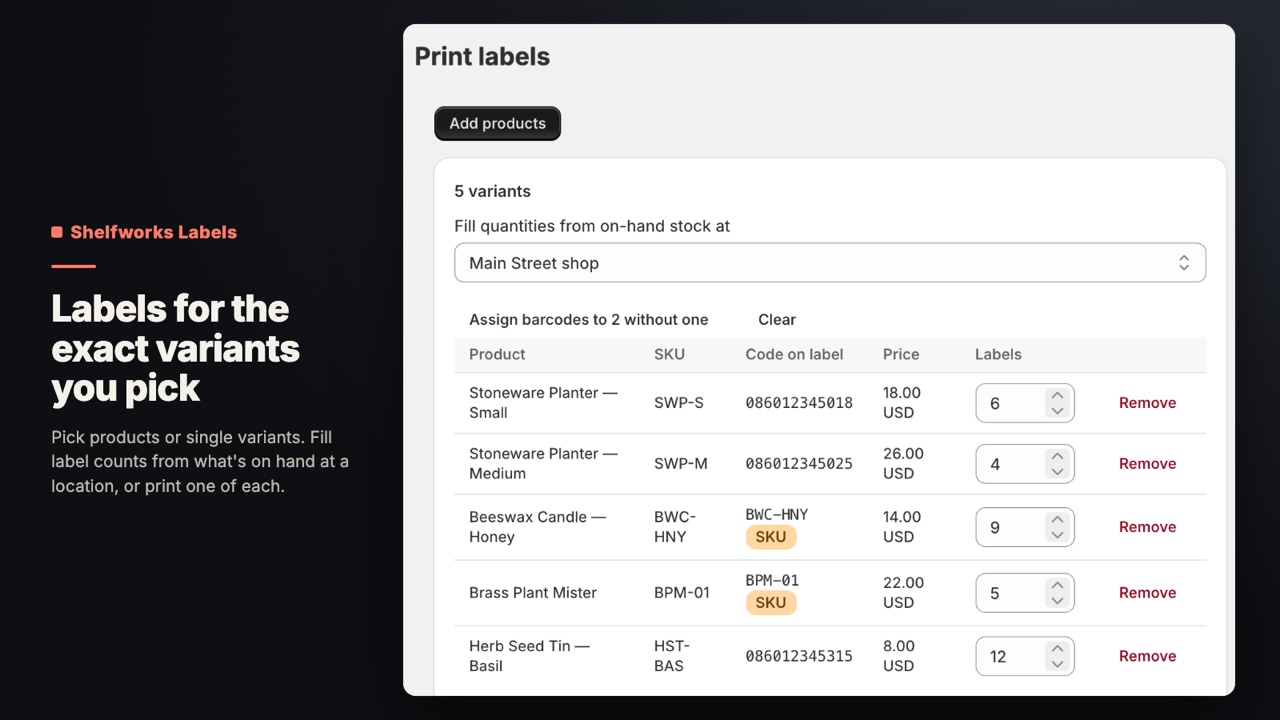 Shelfworks Labels screen in the Shopify admin