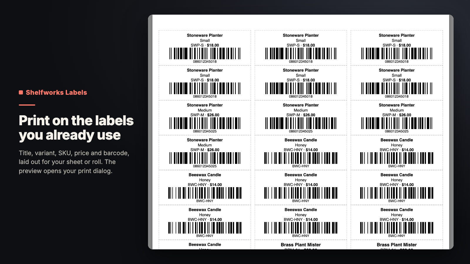 Shelfworks Labels print preview on an Avery sheet: title, variant, SKU, price and barcode