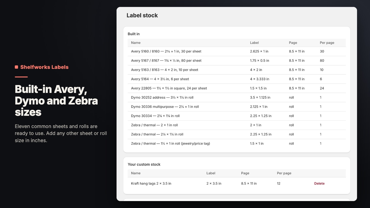 Shelfworks Labels: Built-in Avery, Dymo and Zebra sizes