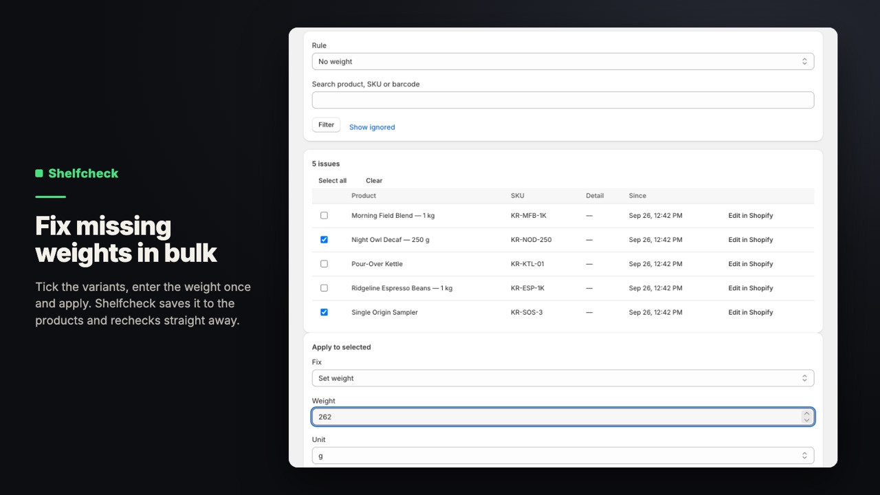 Shelfcheck: Fix missing weights in bulk