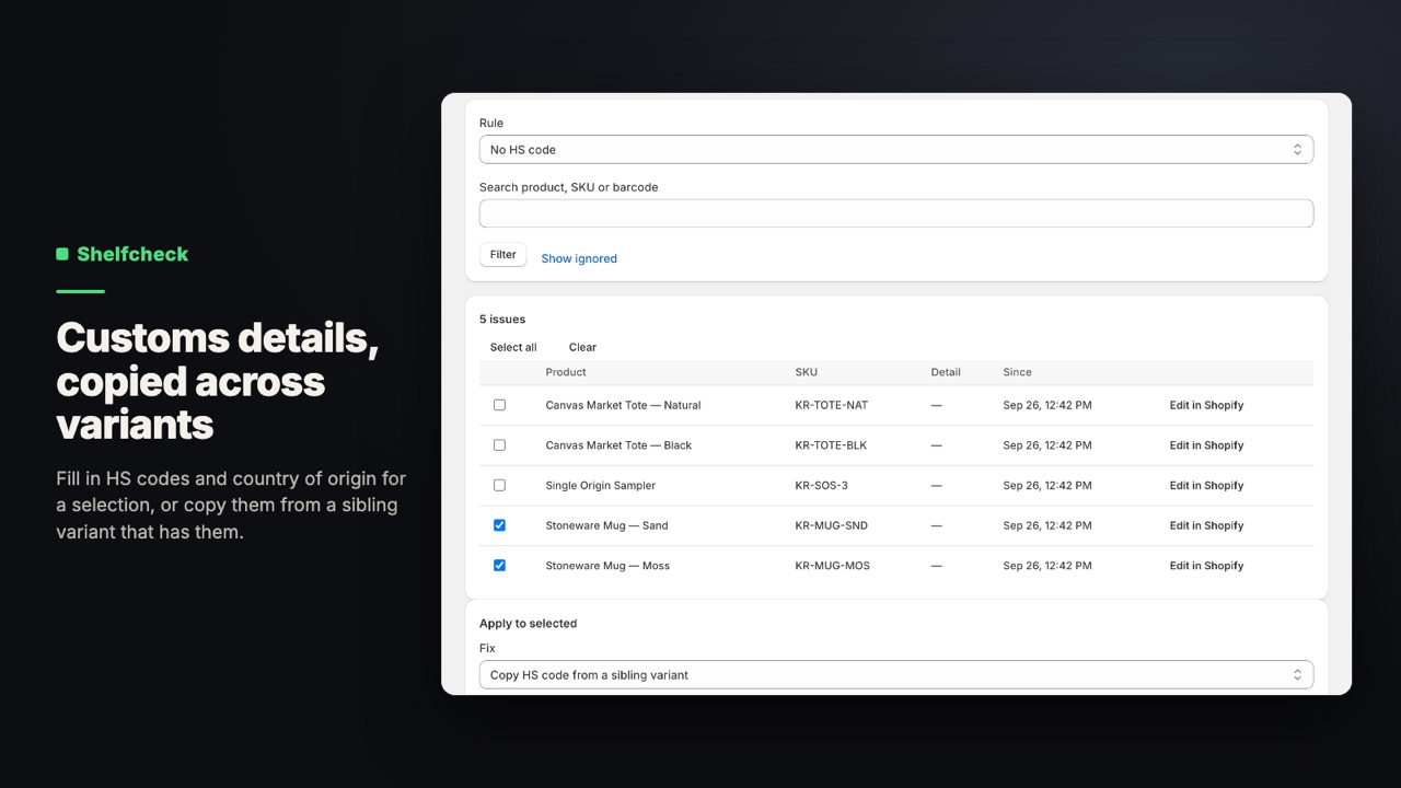 Shelfcheck: Customs details, copied across variants