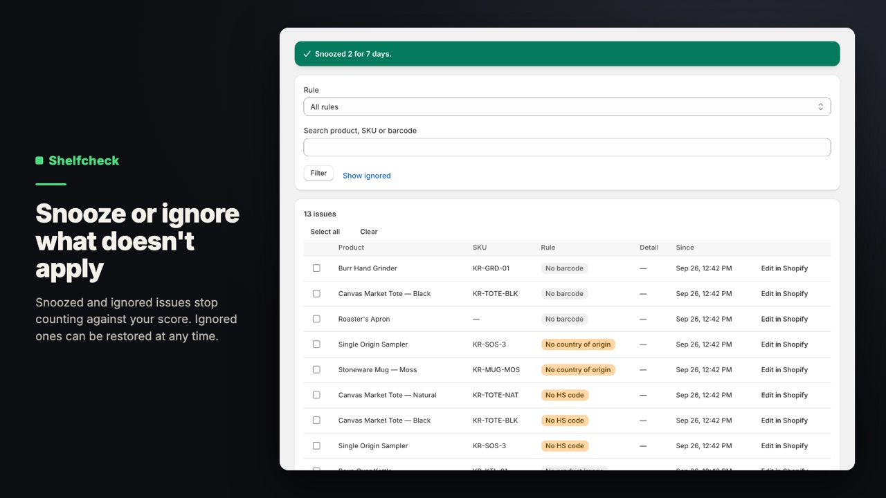 Shelfcheck: Snooze or ignore what doesn't apply