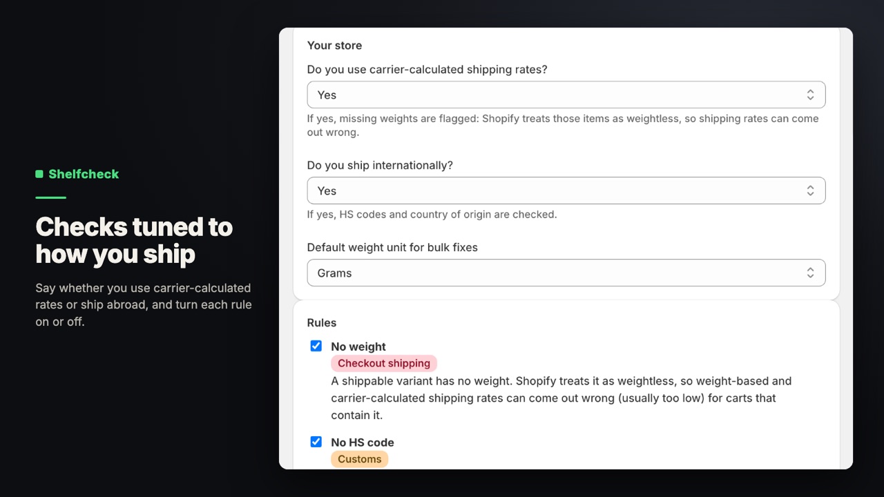 Shelfcheck: Checks tuned to how you ship